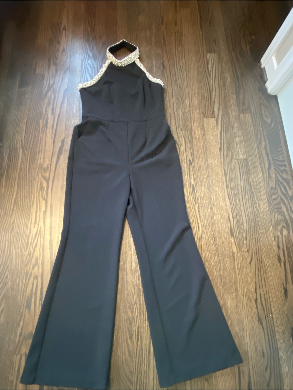 Adrianna Papell Black Halter Jumpsuit with Beaded Collar